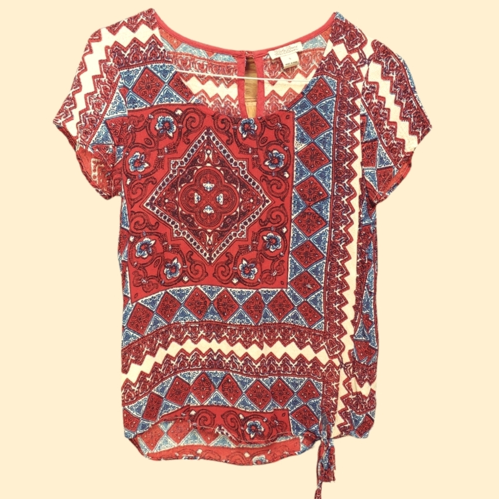 Lucky Brand Slip Over Front Tie Bohemian Blouse Keyhole Back